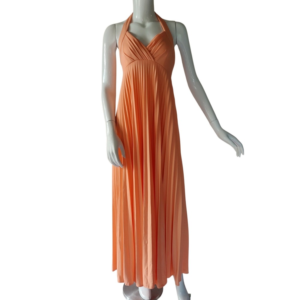 Vintage 70s Peach Accordion Pleated Halter Maxi Dress Union Made Retro Formal